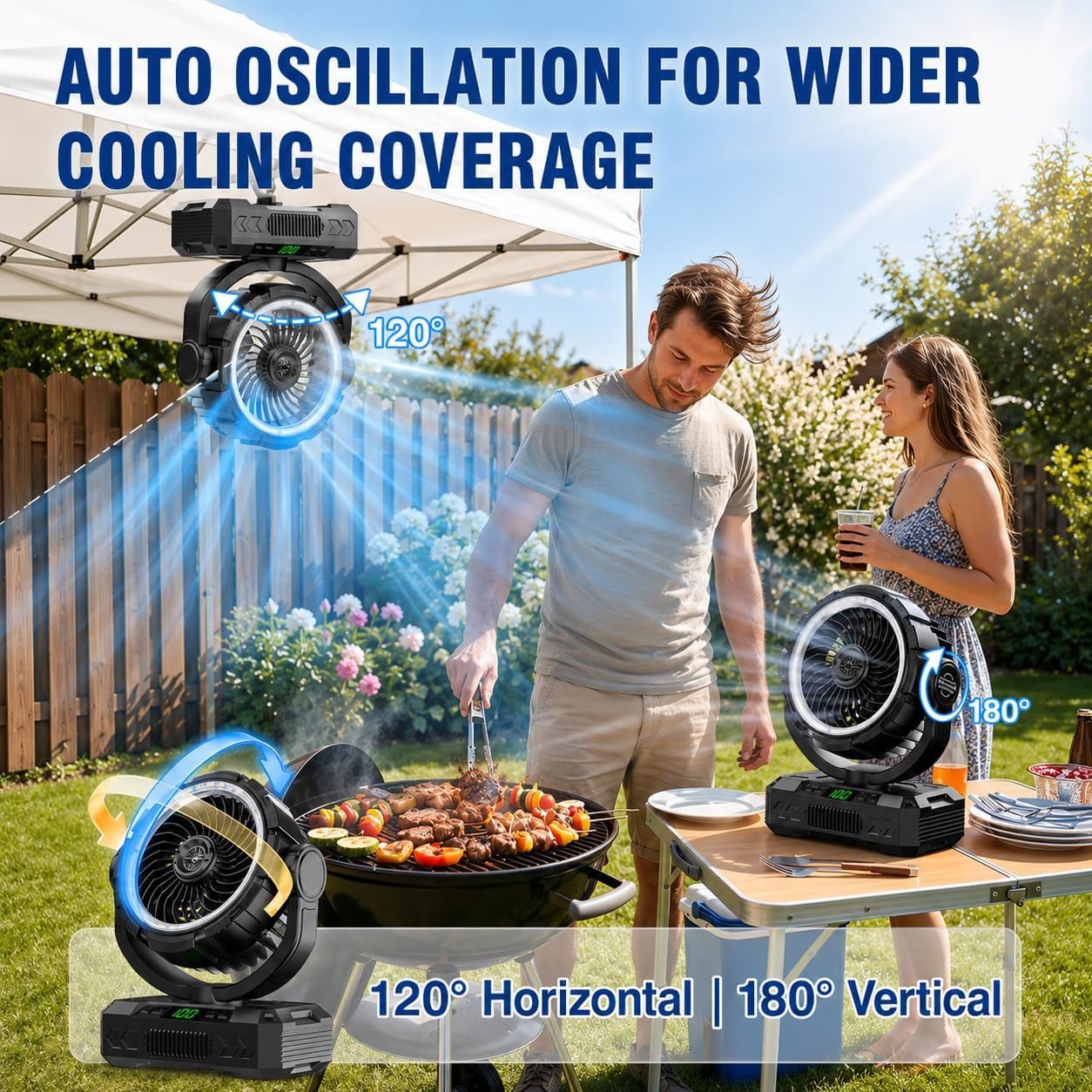 Rechargeable Solar Powered Camping Fan & Auto Oscillating, 【60H Runtime】Battery Powered Fan, Portable Outdoor Fan,5 Speeds,3 Lights,12H Timer for Travel, Fishing,Jobsite,Beach,Camping Essential
