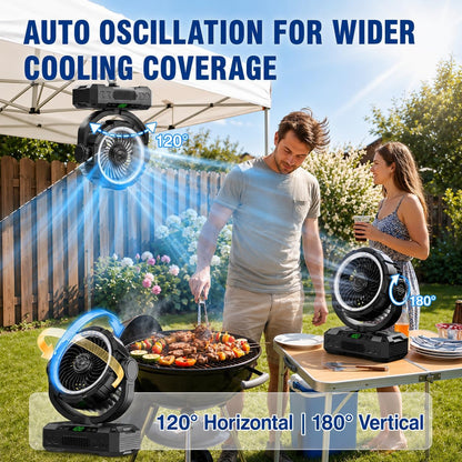 Rechargeable Solar Powered Camping Fan & Auto Oscillating, 【60H Runtime】Battery Powered Fan, Portable Outdoor Fan,5 Speeds,3 Lights,12H Timer for Travel, Fishing,Jobsite,Beach,Camping Essential