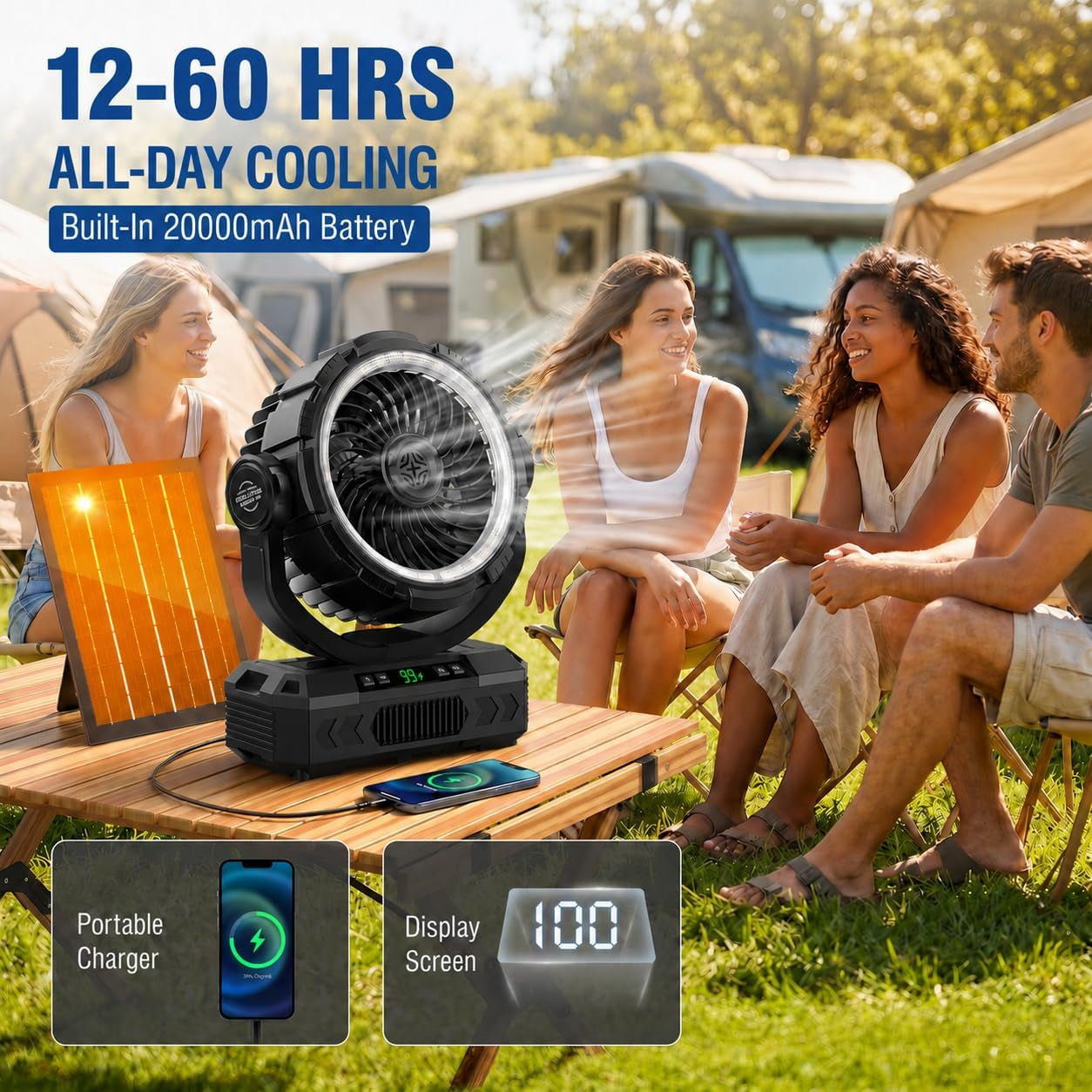 Rechargeable Solar Powered Camping Fan & Auto Oscillating, 【60H Runtime】Battery Powered Fan, Portable Outdoor Fan,5 Speeds,3 Lights,12H Timer for Travel, Fishing,Jobsite,Beach,Camping Essential