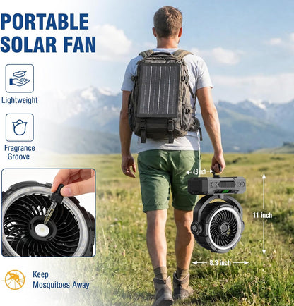 Rechargeable Solar Powered Camping Fan & Auto Oscillating, 【60H Runtime】Battery Powered Fan, Portable Outdoor Fan,5 Speeds,3 Lights,12H Timer for Travel, Fishing,Jobsite,Beach,Camping Essential