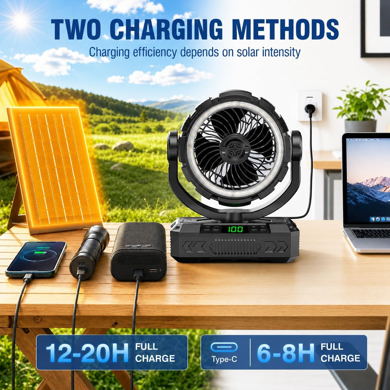 Rechargeable Solar Powered Camping Fan & Auto Oscillating, 【60H Runtime】Battery Powered Fan, Portable Outdoor Fan,5 Speeds,3 Lights,12H Timer for Travel, Fishing,Jobsite,Beach,Camping Essential