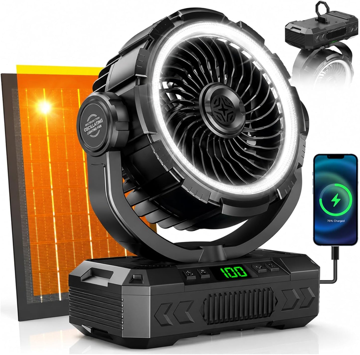 Rechargeable Solar Powered Camping Fan & Auto Oscillating, 【60H Runtime】Battery Powered Fan, Portable Outdoor Fan,5 Speeds,3 Lights,12H Timer for Travel, Fishing,Jobsite,Beach,Camping Essential