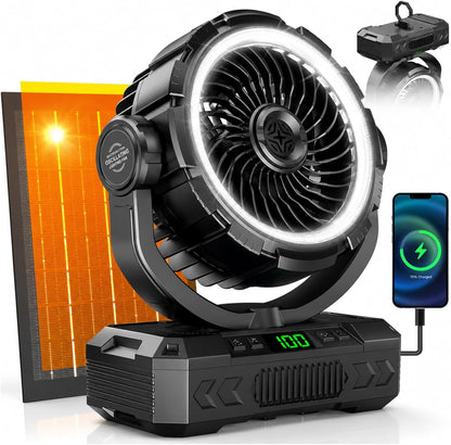 Rechargeable Solar Powered Camping Fan & Auto Oscillating, 【60H Runtime】Battery Powered Fan, Portable Outdoor Fan,5 Speeds,3 Lights,12H Timer for Travel, Fishing,Jobsite,Beach,Camping Essential