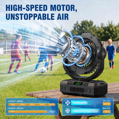 Rechargeable Solar Powered Camping Fan & Auto Oscillating, 【60H Runtime】Battery Powered Fan, Portable Outdoor Fan,5 Speeds,3 Lights,12H Timer for Travel, Fishing,Jobsite,Beach,Camping Essential